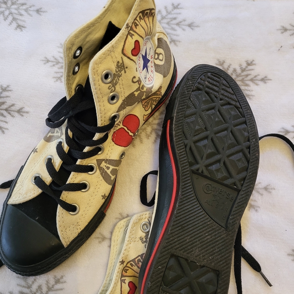Sailor Jerry’s Converse High Top Sneakers in Cream, Black, Red Graphic Prints